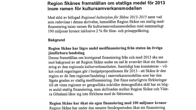 Förhandlingsframställan till Statens kulturråd om statliga medel för 2013
