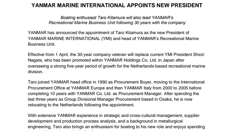 YANMAR MARINE INTERNATIONAL Appoints New President