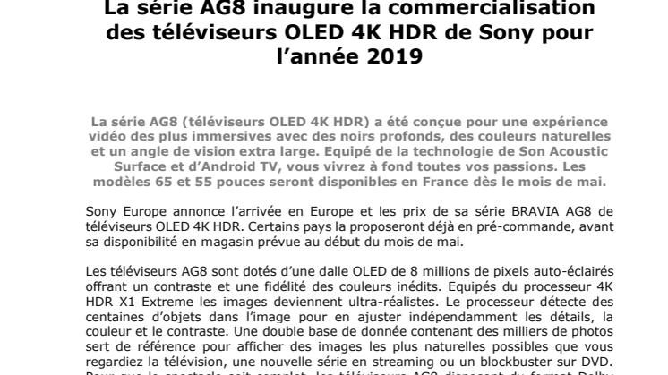La série AG8 inaugure la commercialisation des téléviseurs OLED 4K HDR de Sony pour l’année 2019