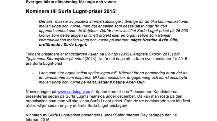 Nominera till Surfa Lugnt-priset 2015!