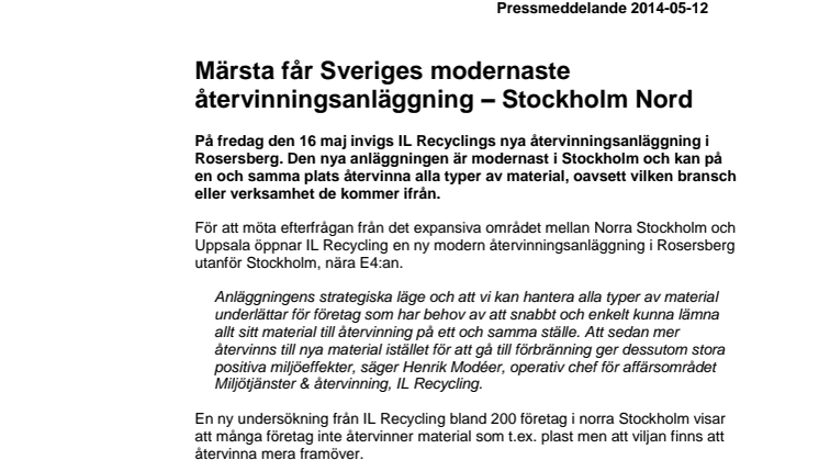 Märsta får Sveriges modernaste återvinningsanläggning - Stockholm Nord