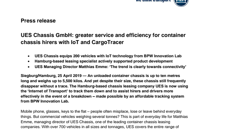 UES Chassis GmbH: greater service and efficiency for container chassis hirers with IoT and CargoTracer 