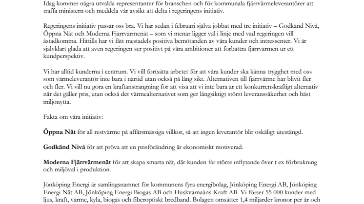 Jönköping Energi stödjer regeringens fjärrvärmeinitiativ
