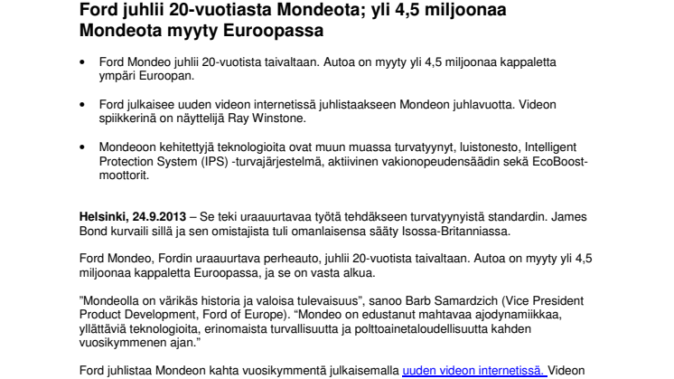 Ford juhlii 20-vuotiasta Mondeota; yli 4,5 miljoonaa Mondeota myyty Euroopassa 