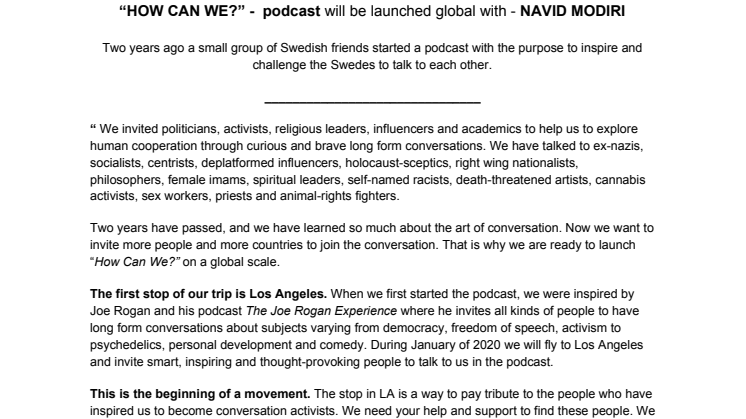 “HOW CAN WE?” Podcast will be launched global in January 2020 - with NAVID MODIRI