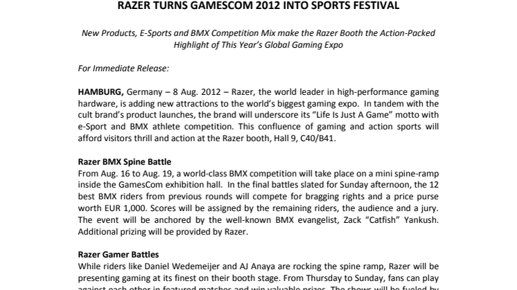 RAZER TURNS GAMESCOM 2012 INTO SPORTS FESTIVAL