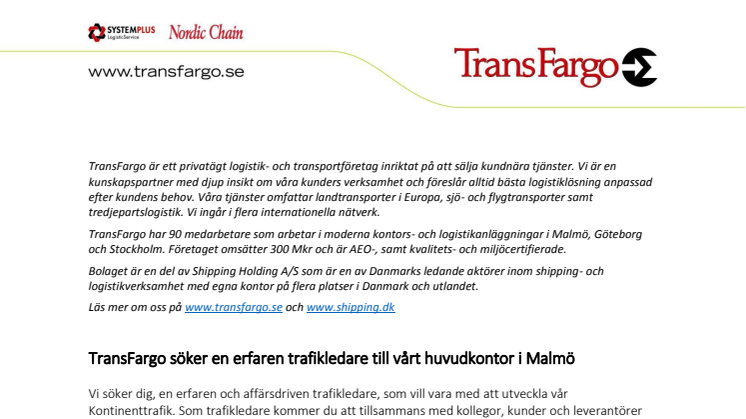 TransFargo söker en erfaren trafikledare till vårt huvudkontor i Malmö