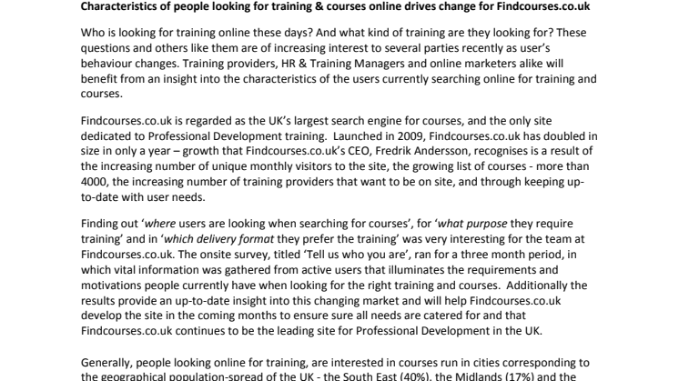 Characteristics of people looking for training & courses online drives change for Findcourses.co.uk