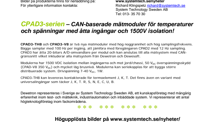 CAN-baserade mätmoduler för temperaturer och spänningar