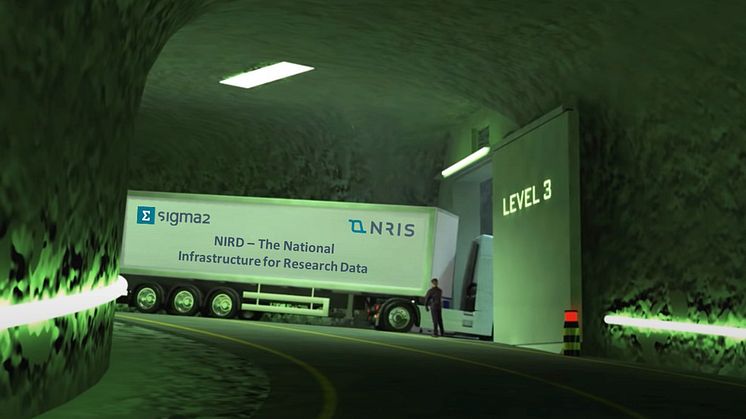 Den nye NIRD-lagringsinfrastrukturen blir det første nasjonale anlegget som skal installeres hos Lefdal Mine Datacenter (LMD). Slik kan det se ut når containerne som skal romme NIRD ankommer datasenteret, som ligger i en nedlagt gruve i Nordfjordeid.