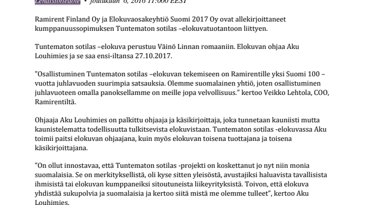 Ramirent Finland Oy ja Elokuvaosakeyhtiö Suomi 2017 Oy ovat allekirjoittaneet kumppanuussopimuksen Tuntematon sotilas -elokuvaan liittyvästä yhteistyöstä