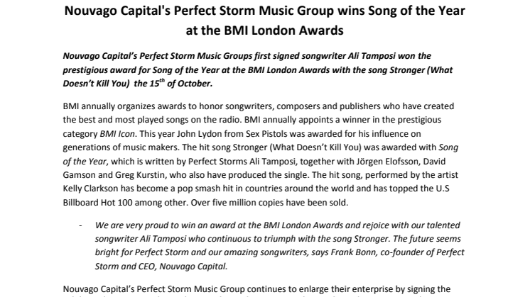  Nouvago Capital's Perfect Storm Music Group wins Song of the Year at the BMI London Awards