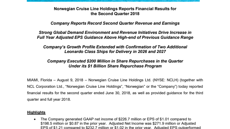 Norwegian Cruise Line Holdings Reports Financial Results for the Second Quarter 2018