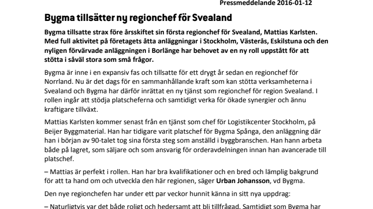 Bygma tillsätter ny regionchef för Svealand