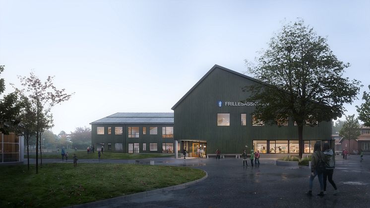 Frillesåsskolan utanför Kungsbacka blir en ny attraktiv skola för 840 elever, efterlängtad efter 20 år i paviljonger. Skolan är i två våningar med ett trevligt neutralt intryck. Illustration: ABAKO Arkitektkontor