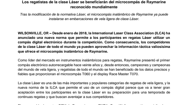Raymarine: Los regatistas de la clase Láser se beneficiarán del microcompás de Raymarine reconocido mundialmente