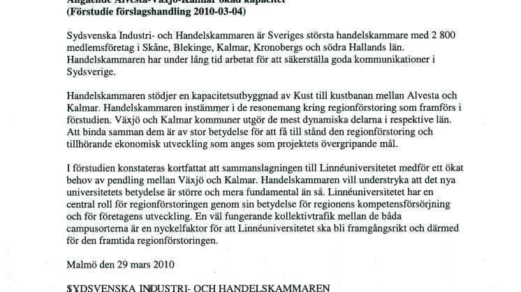 Angående Alvesta-Växjö-Kalmar ökad kapacitet (Förstudie förslagshandling 2010-0304)