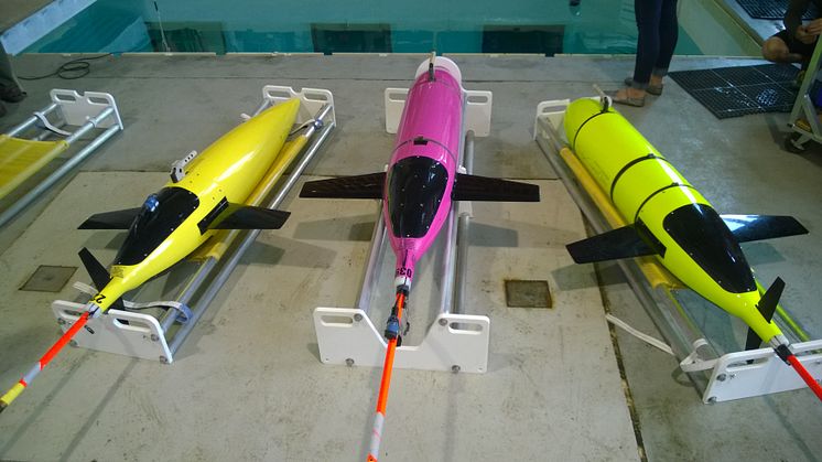KONGSBERG’s new ocean gliders can be seen at AUVSI this week. L-R: Kongsberg Seaglider, Oculus shallow water and Seaglider M6 deepwater system