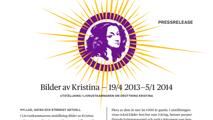 Bilder av Kristina – utställning om drottning Kristina öppnar 19 april (19/4 2013 – 5/1 2014)