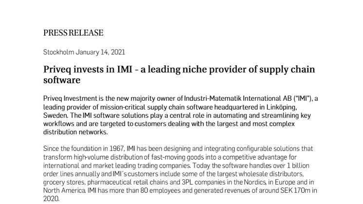 Priveq invests in IMI - a leading niche provider of supply chain software