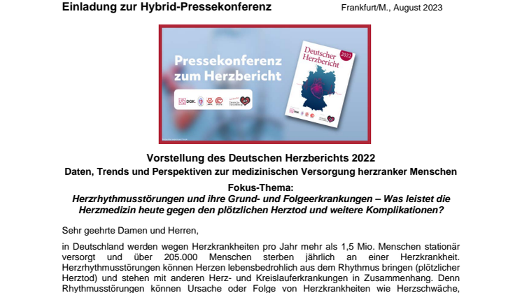 Presse-Einladung zur Hybrid-Pressekonferenz: Vorstellung des Deutschen Herzberichts 2022