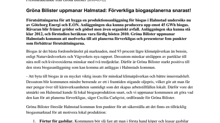 Gröna Bilister uppmanar Halmstad: Förverkliga biogasplanerna snarast!