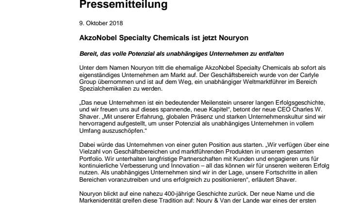 AkzoNobel Specialty Chemicals ist jetzt Nouryon