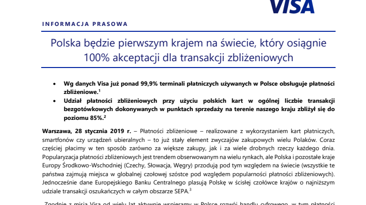 Polska będzie pierwszym krajem na świecie, który osiągnie 100% akceptacji dla transakcji zbliżeniowych