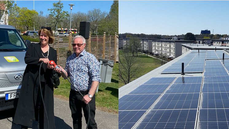 Johanna Frelin, vd Riksbyggen och Håkan Johansson, ordförande i Brf Opalen kopplar symboliskt ihop anläggningen.