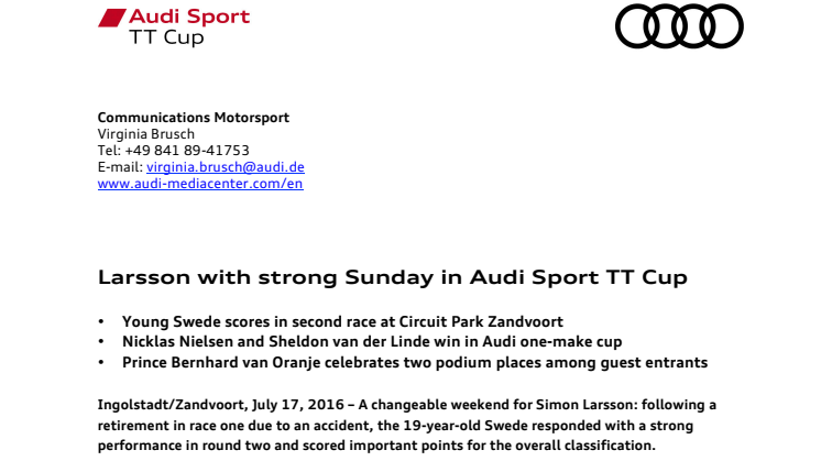 Larsson with strong Sunday in Audi Sport TT Cup