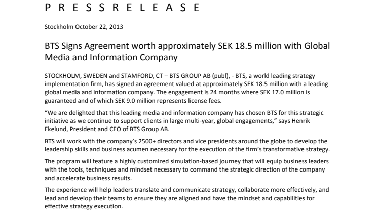 BTS Signs Agreement worth approximately SEK 18.5 million with Global Media and Information Company 