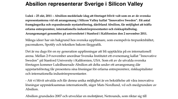 Absilion representerar Sverige i Silicon Valley