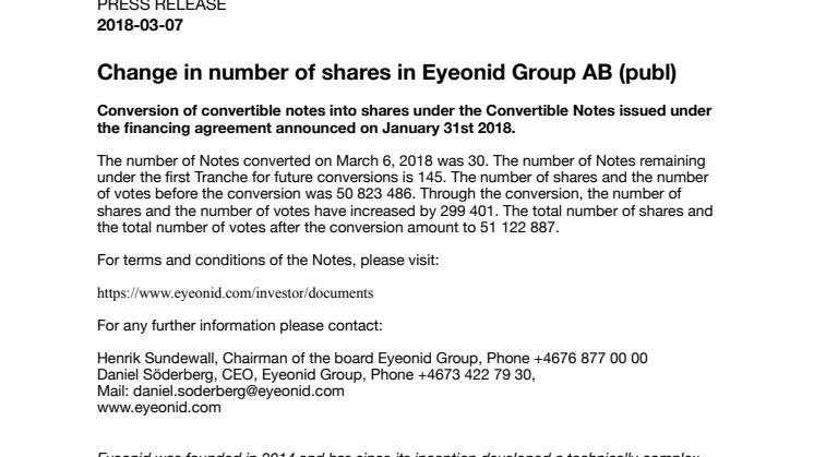 Change in number of shares in Eyeonid Group AB (publ)
