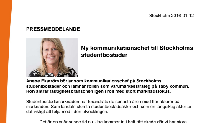 Ny kommunikationschef till Stockholms studentbostäder