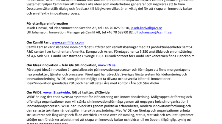 Camfil Farr väljer WIDE - Sveriges första system för idéhantering och innovationsledning