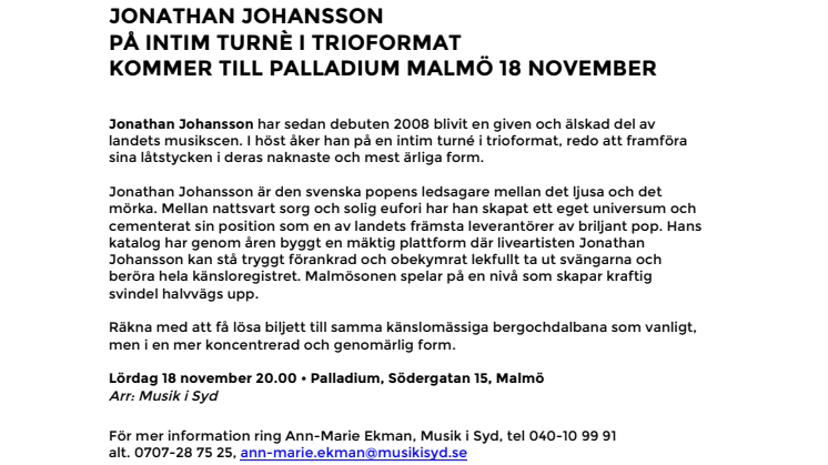 Jonathan Johansson på intim turné i trioformat – kommer till Palladium Malmö 18 november