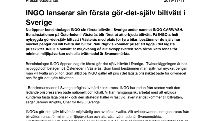 INGO lanserar sin första gör-det-själv biltvätt i Sverige  
