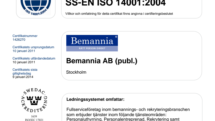 Certifikat ISO 14001:2004 Bemannia AB