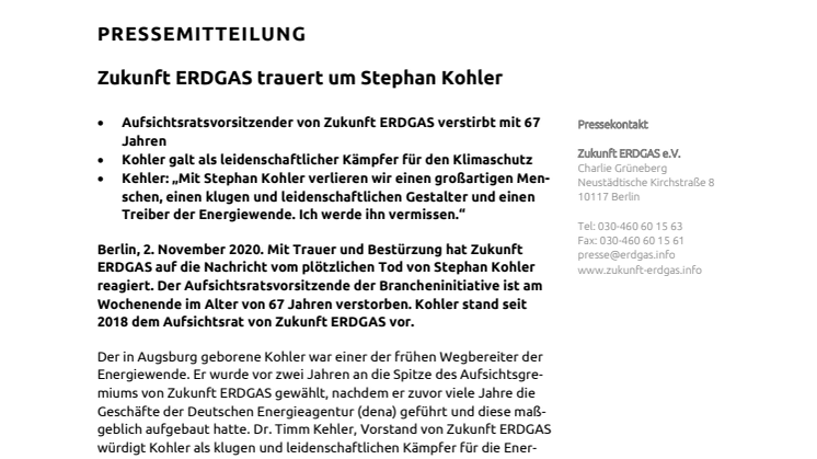 Zukunft ERDGAS trauert um Stephan Kohler