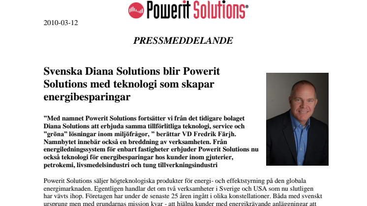Svenska Diana Solutions blir Powerit Solutions med teknologi som skapar energibesparingar 