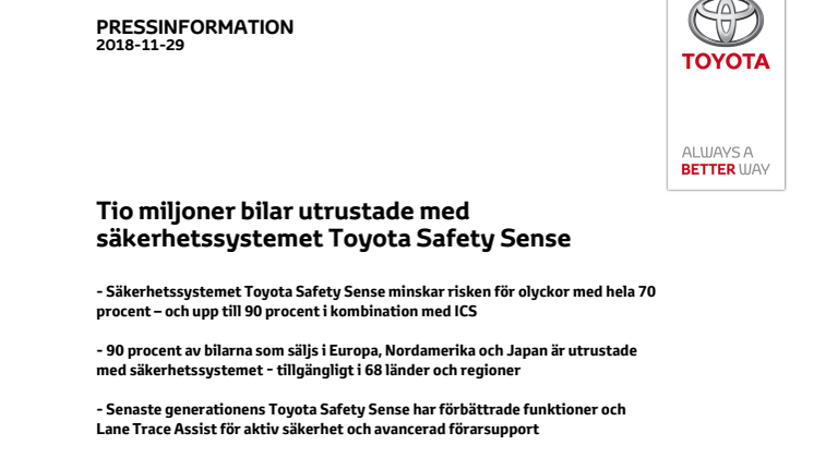 Tio miljoner bilar utrustade med säkerhetssystemet Toyota Safety Sense