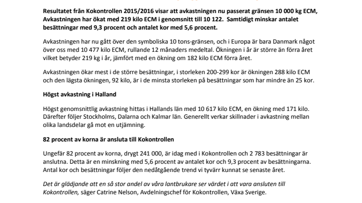Kokontrollens årsresultat klart – Sverige ligger över 10 000 kg ECM 