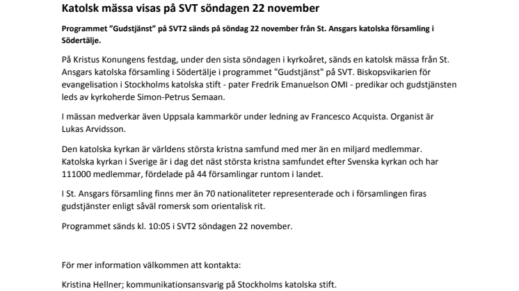 Katolsk mässa visas på SVT söndagen 22 november