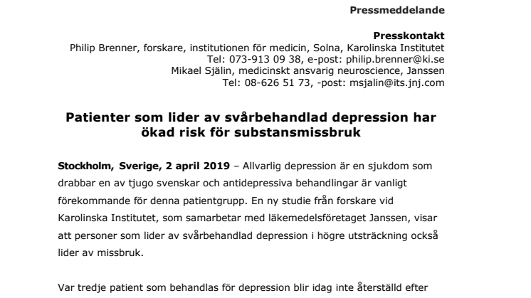 Patienter som lider av svårbehandlad depression har ökad risk för substansmissbruk