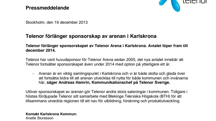 Telenor förlänger sponsorskap av arenan i Karlskrona