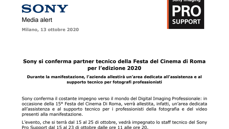 Sony si conferma partner tecnico della Festa del Cinema di Roma per l’edizione 2020 
