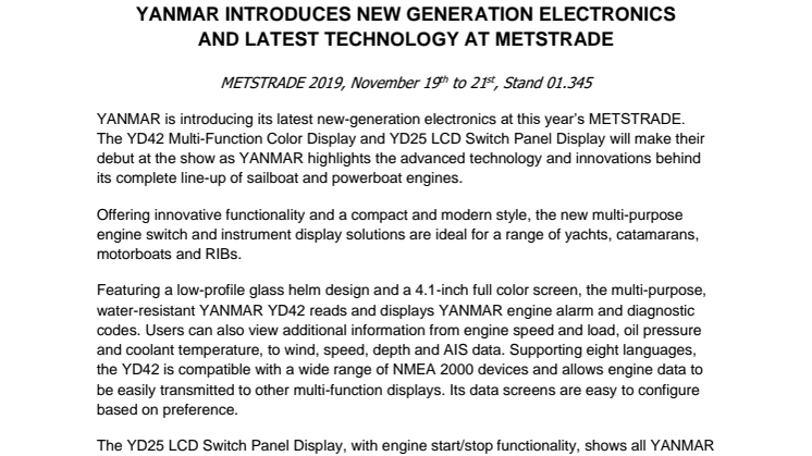 YANMAR Introduces New Generation Electronics and Latest Technology at METSTRADE