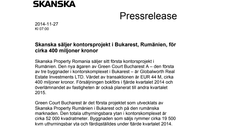 Skanska säljer kontorsprojekt i Bukarest, Rumänien, för cirka 400 miljoner kronor