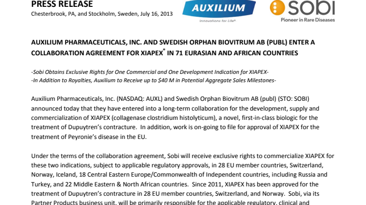 Auxilium Pharmaceuticals, Inc. and Swedish Orphan Biovitrum AB (publ) enter a collaboration agreement for XIAPEX® in 71 Eurasian and African countries