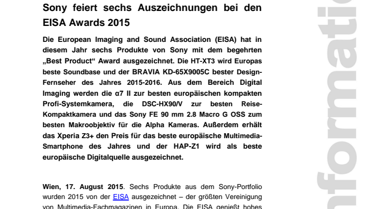 Sony feiert sechs Auszeichnungen bei den EISA Awards 2015